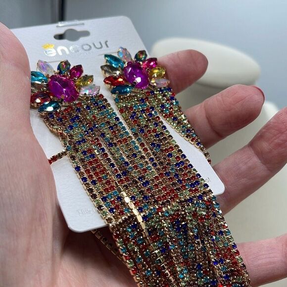 NEW Encour 8” AB multi color  fringe earrings. Special event - Picture 7 of 8